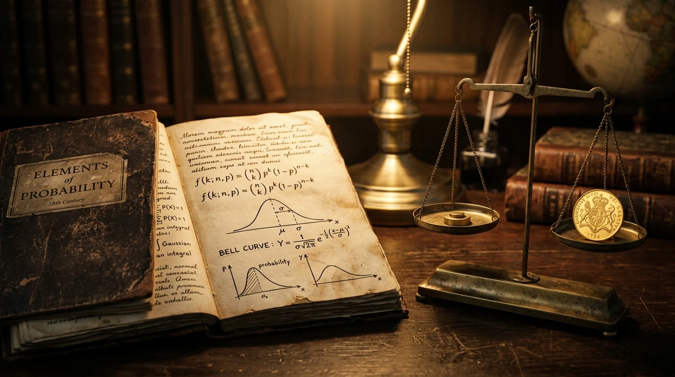Manuscrito histórico de matemáticas abiertas con fórmulas de probabilidad binomial y balanza de latón de precisión